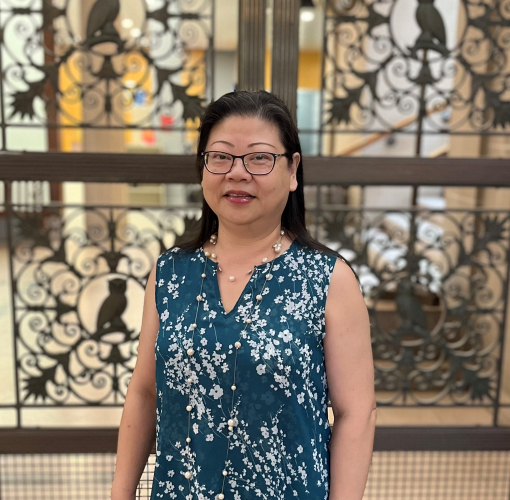 Kathy Wu standing in Friedlander lobby