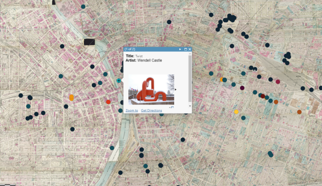 Map of Rochester with various colored data points representing art in the city