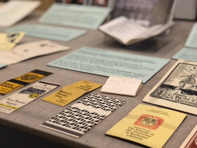 image of University of Rochester ephemera in exhibit case