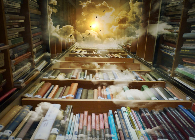 Looking up at bookshelves that fade into to clouds and sky