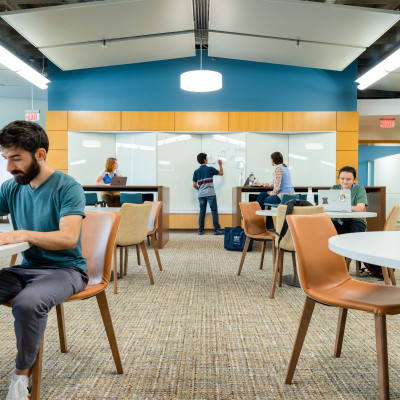 Photo of collaborative spaces and whiteboards in Gleason Library