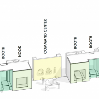 Concept art for the wall in Lam Square, showing the command center and the space around it