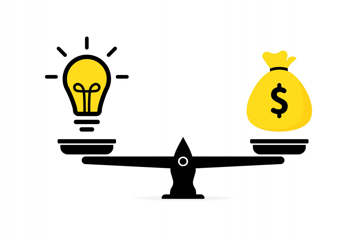 Scale with ideas on one side and bag of money on the other
