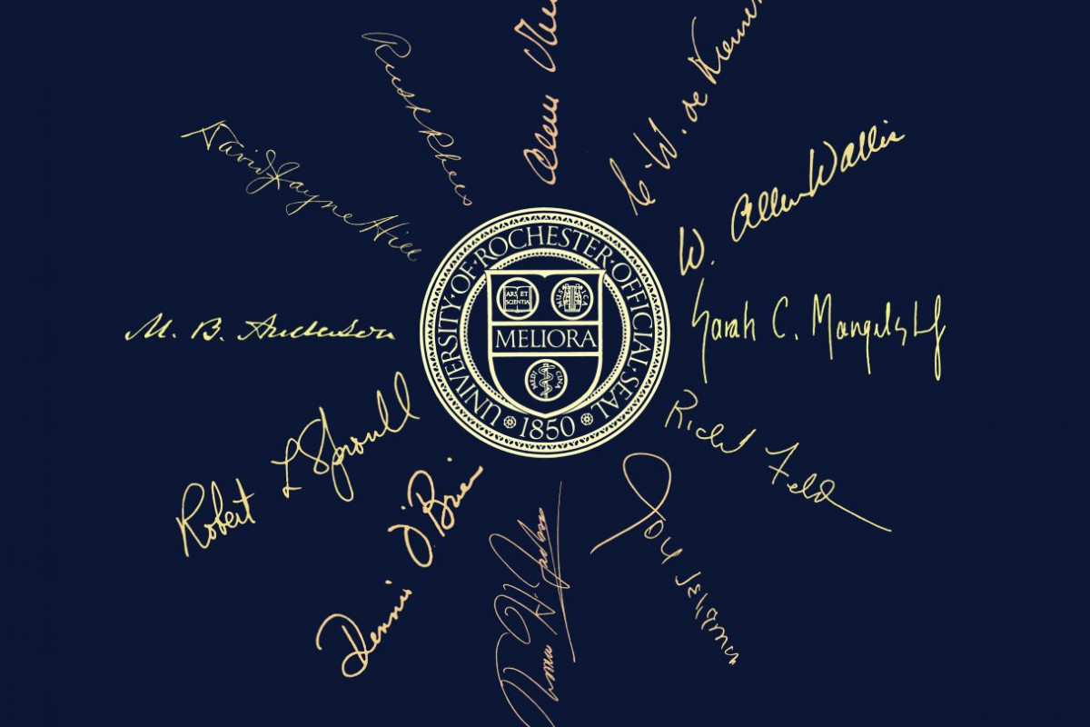 A star-shaped graphic, with the UR logo at the center and president signatures creating the star beams