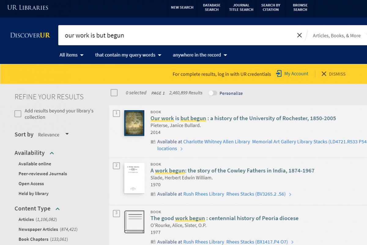 A screenshot of search results for "our work is but begun" using DiscoverUR