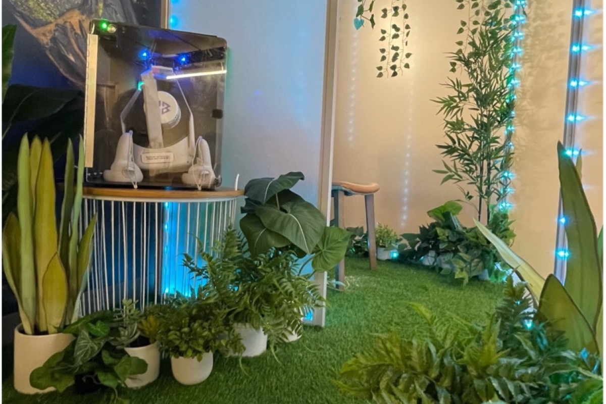 Photo of a serene looking space filled with botanics, led lights, pillows and more