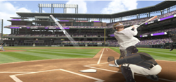 A baseball batter is wearing a VR headset in a virtual baseball stadium.