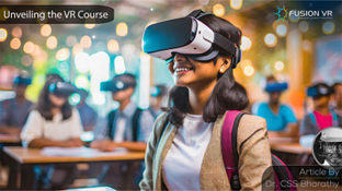 A student is smiling and wearing a VR headset in a classroom with several other students.