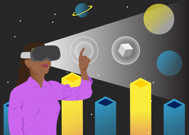 An illustration of a woman wearing 3D goggles trying to interact with what she's seeing