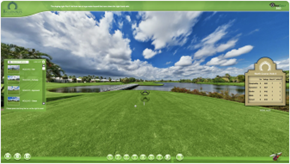 A virtual golf course with a view of a fairway and pond.