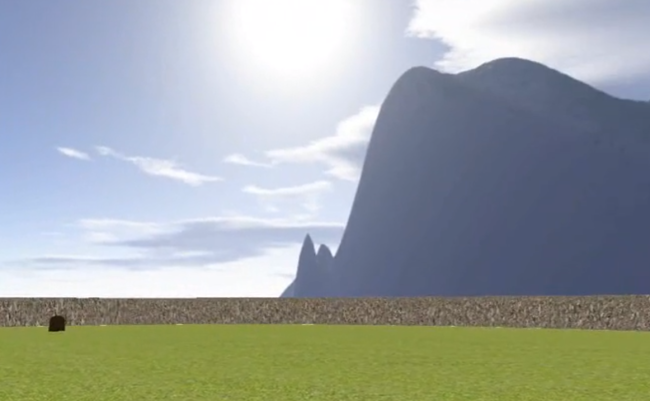 VR scene of a meadow and mountain.