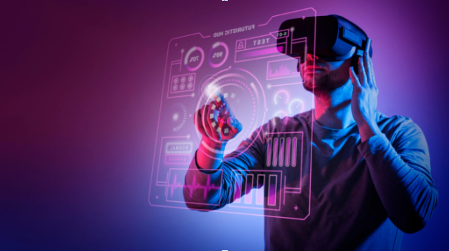 A person in a VR headset interacts with a holographic interface.