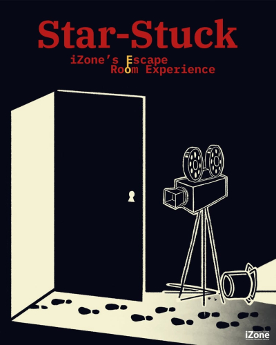 Illustration promoting 'Star-Stuck: iZone’s Escape Room Experience.' The image features a minimalist design with a dark background. A partially open door with a keyhole is on the left, casting light into the scene. Footprints lead to a vintage film camera on a tripod, positioned on the right. The title 'Star-Stuck' is written in bold red text at the top, with the subtitle 'iZone’s Escape Room Experience' in smaller red and yellow text beneath it. The iZone logo is in the bottom-right corner.