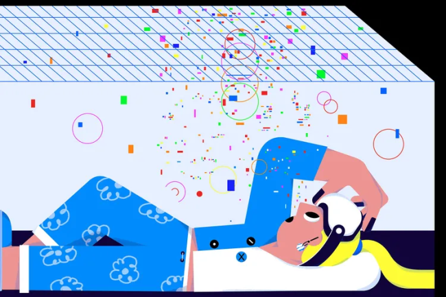  A person in bright, playful pajamas relaxes on the floor while wearing a VR headset, surrounded by colorful digital shapes floating above.