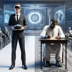 A man in a suit wearing a VR headset and another man sitting at a desk writing.