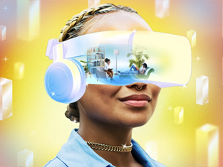 A woman is wearing a translucent VR headset.