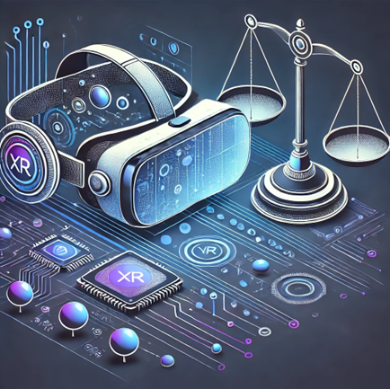 A futuristic image depicting the intersection of virtual reality technology and the legal system, with a VR headset, scales of justice, and circuit boards.