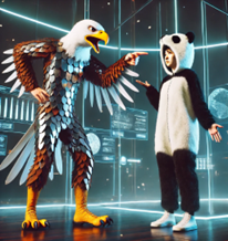 A person in an eagle costume points at a person in a panda costume in a futuristic setting.