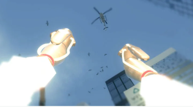 describe in a 15 word sentence firefighting.png Two robotic hands with jetpacks soar above a city with a helicopter.