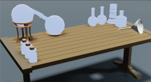 A 3D model of a wooden table with several glass flasks on it.